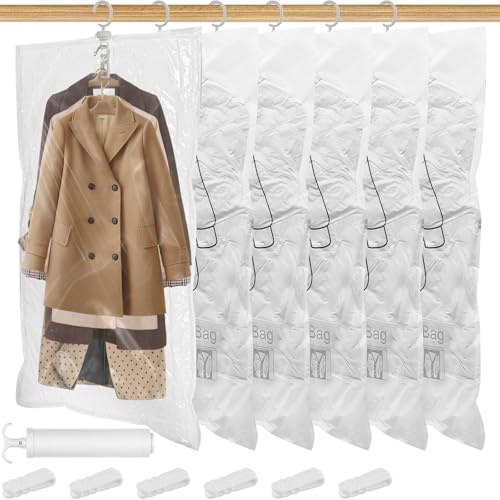6 Pack Hanging Vacuum Storage Bags with Hand Pump, 110×70cm Space Saving Clothes Sealer Bag, Clear Reusable Closet Dress Bag Wardrobe Organizer for Seasonal Clothing, Dresses, Suits, Coats, Jackets