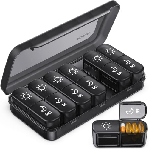 AUVON Tablettenbox 7 Tage mit oben lesbaren Siebdruck für einfache Organisation, Medikamentenbox Große Fächer & Privacy-Schutz in Schwarz, Pillendose mit Dual-Schutz für Medikamente Vitamine Fischöl