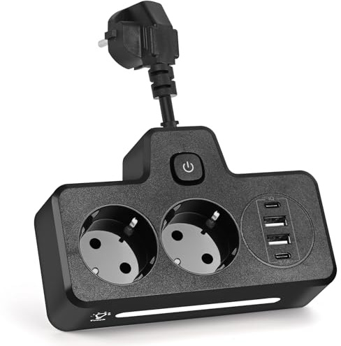 Doppelstecker für Steckdose, Steckdosenleiste 2-Fach, Verteilersteckdose Wandmontage mit 2 USB A & 2 USB C, Kompakte Steckerleiste für Büro, Zuhause & Reisen, 13 A/3250 W (Schwarz)