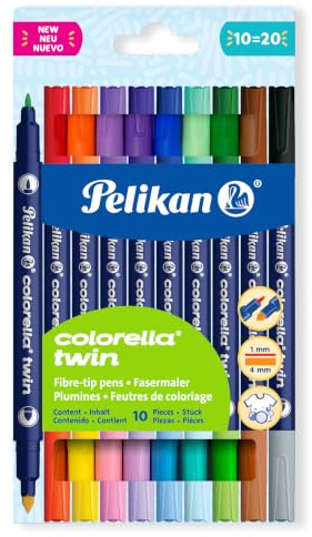 Pelikan Doppel-Fasermaler Twin, 2 Stichbreiten, 10 Stifte in 20 Farben | Pelikan Colorella Twin Doppel-Filzstifte, 10 Stifte = 20 Farben