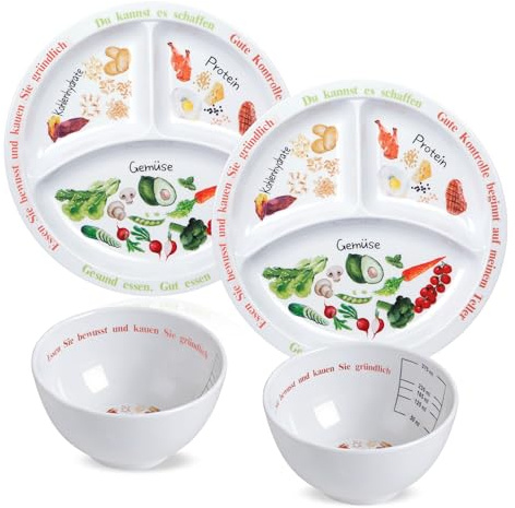 Yuecda 4 Set Portionskontrollteller für ausgewogene Ernährung Teller mit gesunder Ernährung für Erwachsene und Jugendliche Melamin-Unterteilungen, Gewichtsverlust(2 Teller + 2 Schüsseln)
