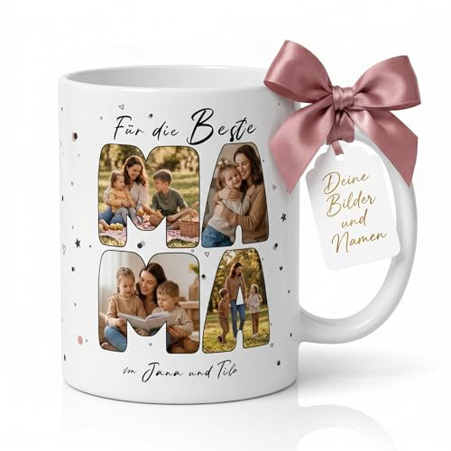 LOOXIS Personalisierte Fototasse Mama mit 4 Fotos & Namen Bedruckt – 325 ml, Keramik, spülmaschinenfest, Kaffeetasse – Geschenkidee Muttertag, Mama, Frauen, Geburtstag – Motiv Buchstaben