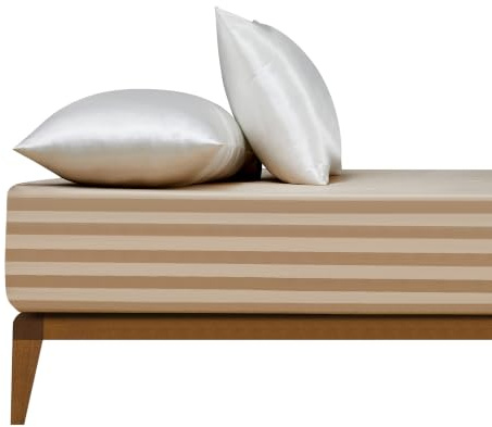 Boqingzhu Satin Spannbettlaken 160x200cm Gold Beige Bettlaken bis 30cm | Spannbetttücher mit Gummizug, für Boxspringbett und Dicke Matratzen, Gestreift, Schnelltrocknend, Oeko-TEX