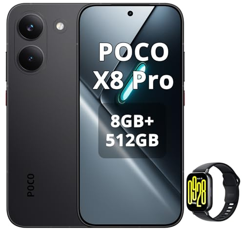 XIAOMI POCO X8 Pro 8+512GB Smartphone, Dimensity 8500-Ultra, 6500mAh Battery, Sony IMX882 50MP Sensor with OIS, 50MP CAM, Black, Charger Not Included, with Smartwatch