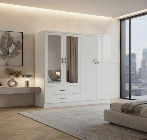 High Gloss 4 Door 2 Drawer Tall Mirrored Wardrobe | With Storage Shelf & Hanging Rail | Bedrooms Storage H182.5cm x D52cm x W154cm (White)