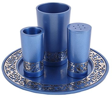 Havdalah Set 4-teilig für Kerzen und Gewürze, eloxiertes Aluminium, entworfen von Yair Emanuel (blau)