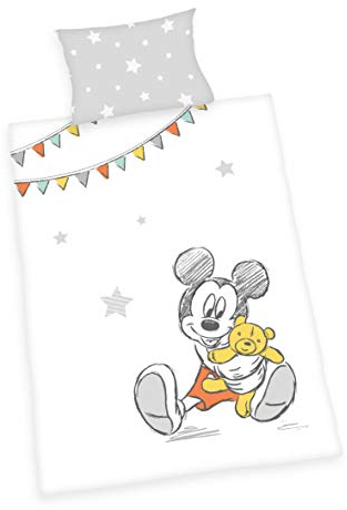 Herding DISNEY MICKEY MOUSE Bettwäsche-Set, Wendemotiv, Kopfkissenbezug 40 x 60 cm, Bettbezug 100 x 135 cm, Flanell/Biber, Weiß