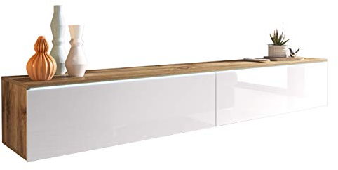 Mirjan24 TV Lowboard Stone, TV Schrank, Fernsehschrank, Grifflose Öffnen, Hängeschrank Hochglanz Matt Wohnwand (Wotan/Weiß Hochglanz, Modell: 180 / mit weißer LED Beleuchtung)