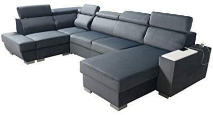 Robin Cezar Ecksofa Schlaffunktion Bettkasten Verstellbare Kopfstützen Sofa L-Form Schlafsofa Freistehende Eckcouch Schlafcouch Wohnzimmermöbel inkl. Laptoptisch Steckdose Grau