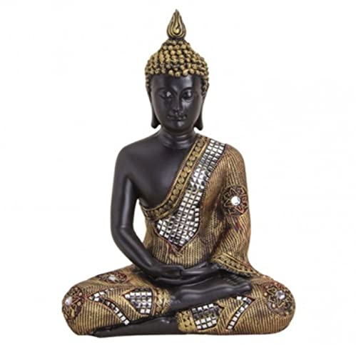 G.W. Große Buddha-Figur meditierend sitzend, 27 cm in schwarz Gold, mit feiner Struktur gemuster, Deko-Artikel für Wohnung & Haus, Buddha-Skulptur, Wohnaccessoire, schöne Thai Statue, innen und außen