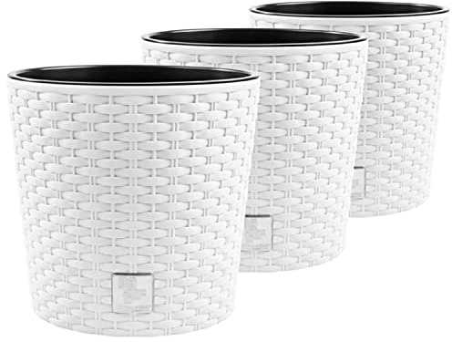 PAFEN 3X Blumentopf RATTO Rattan-Optik Kunststoff Topf Blumenkübel inkl. Einsatz Übertopf Weiß ⌀30cm