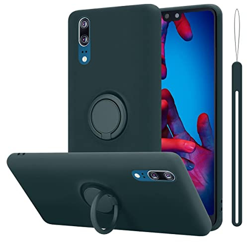 Cadorabo Hülle kompatibel mit Huawei P20 Schutzhülle TPU Silikon Case Liquid Design mit Ring Slim Kratzfest Liquidsilikon Microfaser mit Rundumschutz Case Hülle für Huawei P20 in Grün