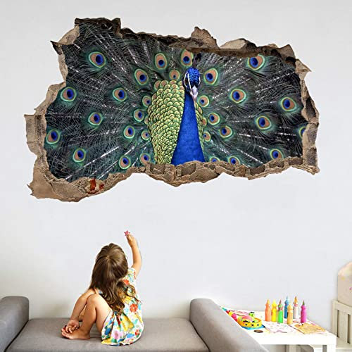 Kuletkear Tiere 3D Wandtattoo Wandaufkleber Pfau H 70 x B 116 cm Wandsticker Wanddeko Wandbilder für Wohnzimmer Schlafzimmer Badezimmer Flur Küche Möbel Aufkleber