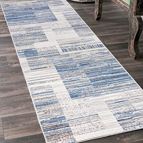 Mazovia Teppich Läufer Flur - Modern Teppichläufer – Kurzflor, Weich - für Vorzimmer Eingangsbereich Schlafzimmer Küche Korridor - Abstrakt Muster - 70 cm Breite Grau Blau 1 70 x 425 cm