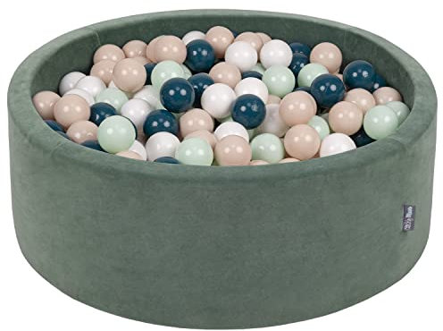 KiddyMoon Rund Bällebad Velvet Bällepool 90X30cm/200 Bälle ∅ 7Cm Ballgruben Für Babys Spielbad Kleinkinder, Hergestellt In Der EU, Waldgrün: Dunkeltürkis/Pastellbeige/Weiß/Minze