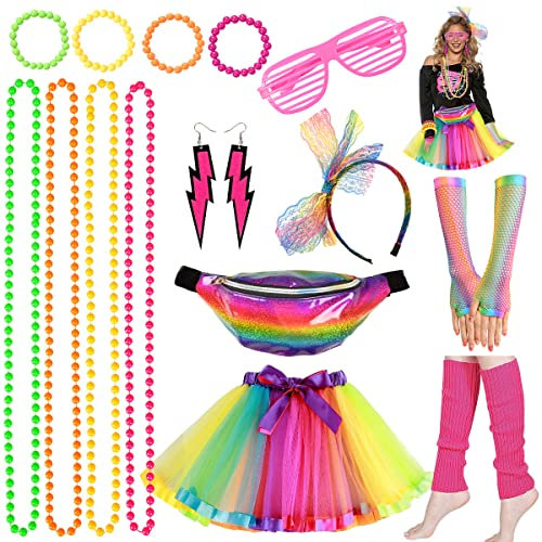 iZoeL 80er Jahre Kostüm Damen, 80er Outfit 80er Kleidung, 15tgl. ink. Tutu Rock Bauchtasche Haarreif Brille Armband Halskette Ohrringe, 80er Retro Party Accessoires