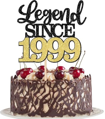 SYKYCTCY 1 Pack Legend Since 2000 Cake Topper Glitter Happy 25th Birthday Cake Pick 25 Fabulous Cake Decorations for Cheers to 25th Birthday Wedding Anniversary Party Supplies (Black Gold, 25th)