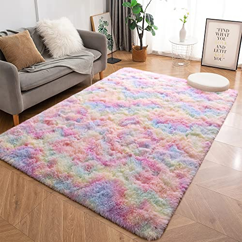 MARATIP Plüsch Teppich Rund, Große Größe Modernes Wohnzimmer, Kinder Mädchen, Weicher und Flauschiger für Schlafzimmer/Wohnzimmer/Kinderzimmer (Regenbogen, 200 x 300 cm)