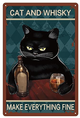 CREATCABIN Whiskey-Blechschilder,Schwarze Katze,Metallschild,Vintage-Plaketten,Galerie-Wandschilder,Retro-Poster,Kunstdruck,Dekor,Hängendes Eisengemälde Mit Zitaten Für Bar,Zuhause 8x12inch