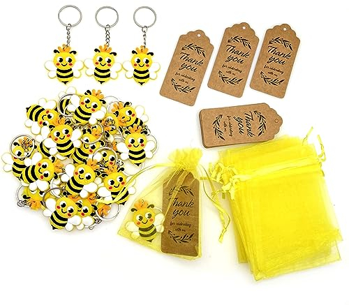 JZK 25 x Bee themed party favors, bee keyring keychains with yellow confetti bags and gift tags set, kids birthday party bag fillers giveaways thankyou gift, bumble bee theme party decorations