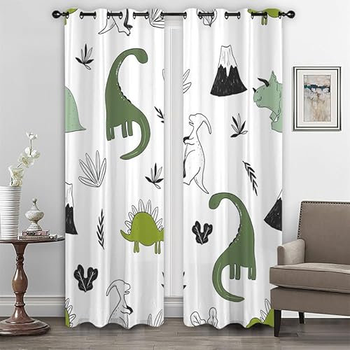 CTQTZ Cartoon Dino Kinder Blickdichte Vorhänge Kinder Dinosaurier Bunte Verdunkelungsvorhänge Mit Ösen 140x160 cm (BreitexHöhe) 2er Set Gardinen für Dekoration Kinderzimmer