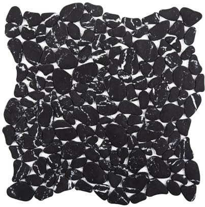 Soulscrafts Kieselsteinfliese für Duschboden, schwarze Marmoradern, oval, 10 Blatt Kieselstein-Mosaik-Backsplash-Fliesen für Küche, Badezimmer, Wand und Boden
