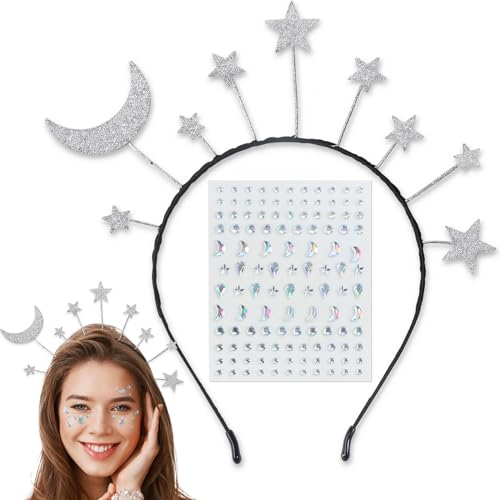 COLOFALLA Alien Haarreif Silbern Haarreif Göttin Mond Sterne Haarband Alien Haarreif für Neujahr Geburtstag Weihnachten Karneval Maskerade Kostümparty