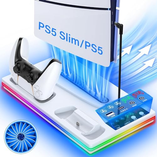 3 en 1 Soporte PS5 con Cargador Mando y Ventilador de 3 Velocidades, Soporte Vertical PS5 para Playstation 5 Slim & Standard Disco/Digital, Refrigerador PS 5 con Luz RGB y 2 Puertos USB