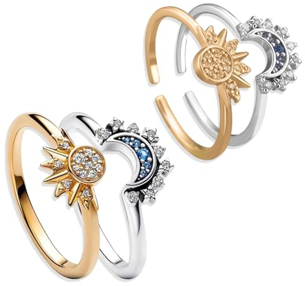 2 Paar Sonne Mond Ring,Himmlisches Sonne und Mond Ringe Set,Ring Set Sonne Und Der Mond,Gold Ringe mit Cubic Zirconia Silber,Stapelbare Himmelsringe,Funkelnder Sonnenring,Matching Rings Für Damen