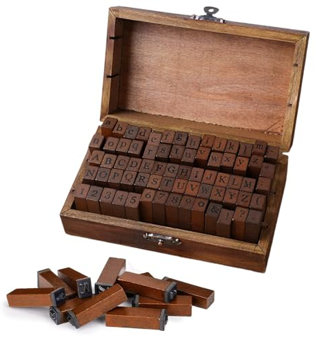 Vueinrg Alphabet Stempel Set, 70 Stücke Alphabet Buchstaben Briefmarken Holz Deutsch Stempel Set,Zahlen Stempel mit Aufbewahrungs Box,Buchstaben Anzahl Symbol,für DIY,Kunst,Handwerk,Drucken