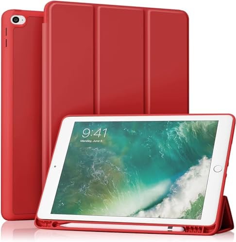 MOBISTAR Case for iPad 9.7 Inch iPad 6th 2018/5th Gen 2017, iPad Air 2/iPad Air 1 with Pencil Holder, Premium PU Leather + Soft TPU Back Protective, Auto Sleep/Wake iPad 9.7'' (Red)