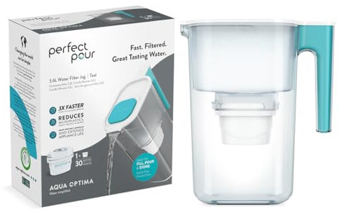 Aqua Optima Perfect Pour Caraffa Filtro Acqua e Cartucce Filtro Acqua 1 x 30 Giorni Evolve+, capacità 3,6 litri, per Riduzione di Microplastiche, Cloro, Calcare e Impurità, color tè blu