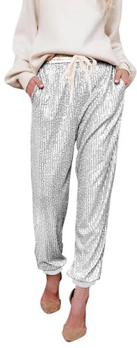Glitzer Hose Damen Lang Silber Glitzerhose Pailletten Freizeithose Mit Gummibund Gerades Bein Hose High Waist Paillettenhose Mit Taschen Und Verstellbarem Kordelzug Jogginghose Sporthose Hose