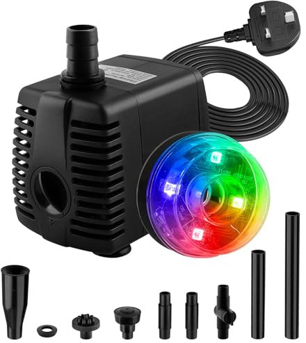 NATPOW Mini Submersible Water Pump, 800L/H Fountain Pump with 3 Colorful LED Lights, 1.5M Cable Pond Pumps with Mushroom and Blossom Spray Head for Aquarium Fish Tank, Outdoor Fountain, Water Feature