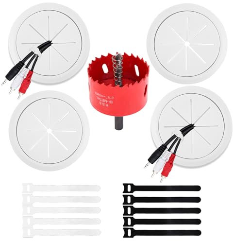 4 Pack TV Cord Hider for Wall Mounted TV, 2-3/8(60mm Hole) Cord Hider for TV Wall, in Wall Cable Management Kit, Includes 4 Pass Throughs, 1 Hole Saw Drill Attachment & 10 Cable Ties for Easy Install