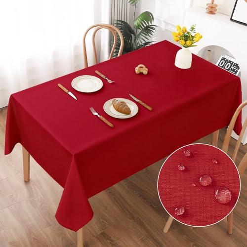 AooHome Tischdecke Abwaschbar, Rot Tischdecken 140x220cm Leinen-Optik Tischtuch aus Polyester Wasserabweisend mit Lotuseffekt, Dauerhaft Kratzfest für Wohnzimmer, Esszimmer, Balkon, Garten