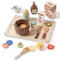 ROBUD Holzspielzeug Spielküche Zubehör, 31 Pcs Spielzeug-Lebensmittel Frühstücksset mit Kokosnussschale, Speiseteller, Obstdessert, Holz Kinderküche Zubehör, Geschenke für Mädchen Jungen ab 3-6 Jahren
