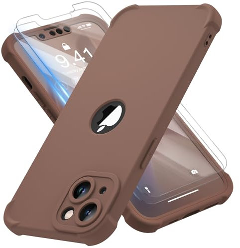 ORETECH for iPhone 13 Case, with [2 Pack Tempered Glass Screen Protector] [Camera Lens Guard] [15FT Military Grade Drop Test] 360° Shockproof Slim Fit Rubber Bumper Phone Cover - Brown
