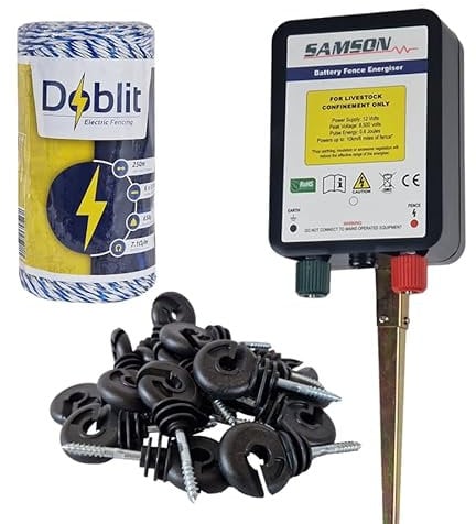 Samson 12v Battery Energiser Electric Fence Kit - Comes with Poly Wire 250m Roll, 25x Heavy Duty Ring Insulators for Timber Posts - Ideal For Livestock Paddocks or Protecting Hedgerows & Fences