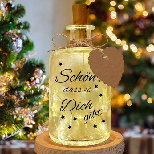 LED Flaschenlicht, beleuchtete Dekoflasche mit Spruch - Schön, dass es Dich gibt, für Frauen, Freundin, Geburtstag, Hochzeit, Weihnachten, Geschenke