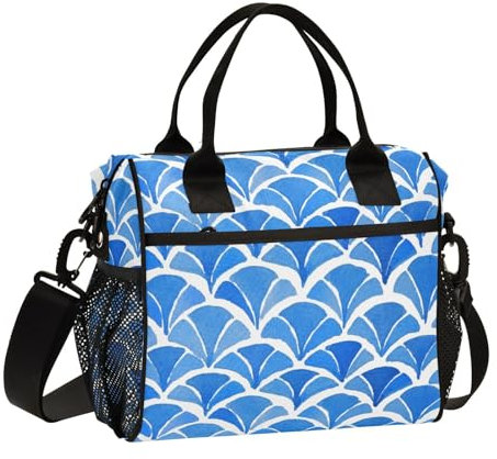 Amooorous Lonchera japonesa con diseño de ondas azules para niñas con bolsillo lateral, Tartera Comida Trabajo, lonchera de oficina con correa para el hombro, para adolescentes, universidad