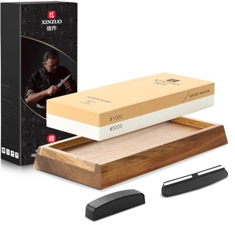 XINZUOKnife Sharpening Stone-Dual Grit #1000/#5000-Extra Large Whetstone-Wet Stone Knives Sharpener with Acacia Wood Base,Daimond Flattener