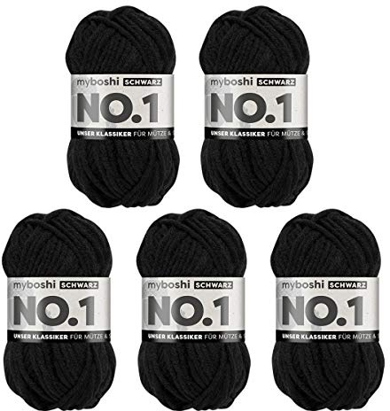 myboshi No.1 Wolle zum Häkeln und Stricken, Schnellstrickgarn, langlebige Mützenwolle, Strickwolle, Häkelwolle, mulesing-frei, 50g, Ll 55m Schwarz (Schwarz) 5 Knäuel