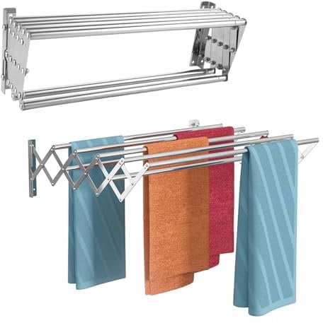YOUNTHYE 1 Stück Edelstahl Wäscheständer Wandmontage, Wand Ausziehbar und Einklappbar Wäscheständer Ausziehbar, wäschetrockner Wand Wandtrockner Ausziehbar mit 7 Stangen für Waschraum, Bad