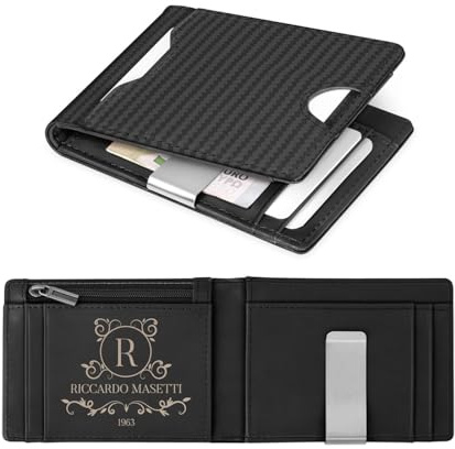 Maverton Portafoglio uomo personalizzato, Portafogli uomo inciso | Porta carte di credito uomo pelle bovina, Portacarte uomo nero design effetto carbonio interno liscio, Regalo uomo compleanno