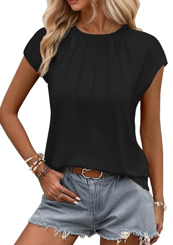 WNEEDU Tank Top Damen Sommer Kappenärmel T-Shirts Lässige Oberteile Elegent Rundhals Plissiertes Bluse