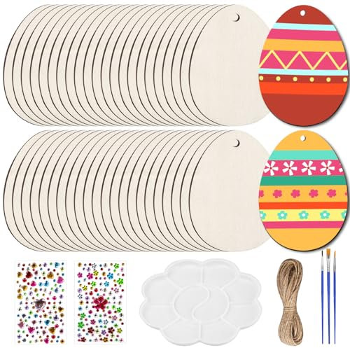 SymPleCr 57 Stück Holz Ostereier zum Bemalen Set,Holzeier zum Bemalen,Eier Bemalen Kinder,DIY Ostern Basteln,Holzanhänger Ostern Set,für Draussen Innen Osterdeko