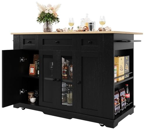 DRIXNO Kücheninsel, Abnehmbare Trennwände, Küchenschrank, Esszimmerwagen mit Arbeitsplatte, Buffetschrank, Esszimmerwagen mit Holzmaserung, Buffetschrank, Schrank aus gehärtetem Glas, Schwarz