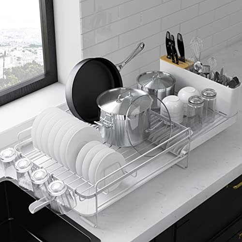 Kitsure Dish Drainer Rack - Extendable Dish Drying Rack, Multifunctional Dish Rack for Kitchen Counter, Anti-Rust Draining Board Rack with Cutlery & Cup Holders, 67.8cm x 32.7cm x 14.9cm, White