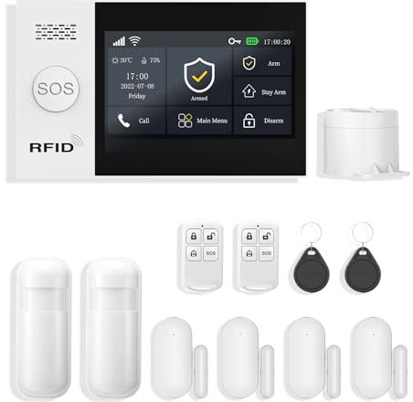 XNH 4.3'' Pantalla Táctil Alarm Kit de 12 Piezas, Sistema de Seguridad para el Hogar con Sirena de 120DB, Sensores de Ventana de Puerta, Detector de Movimiento, Controles Remoto, Compatible con Alexa